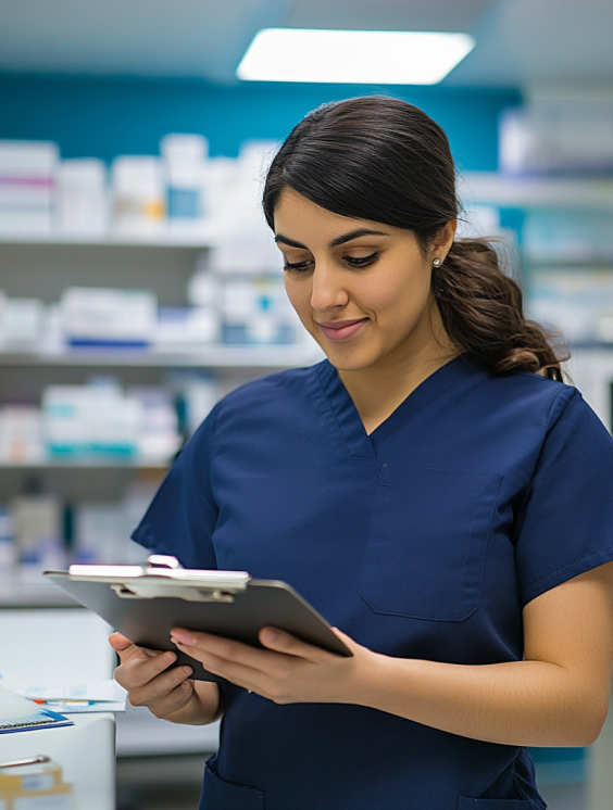 Ikra stood in a pharmacy holding a clipboard
