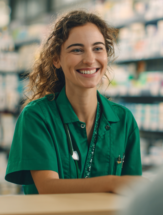 woman working behind pharmacy counter with brown hair. Smiling at customer.